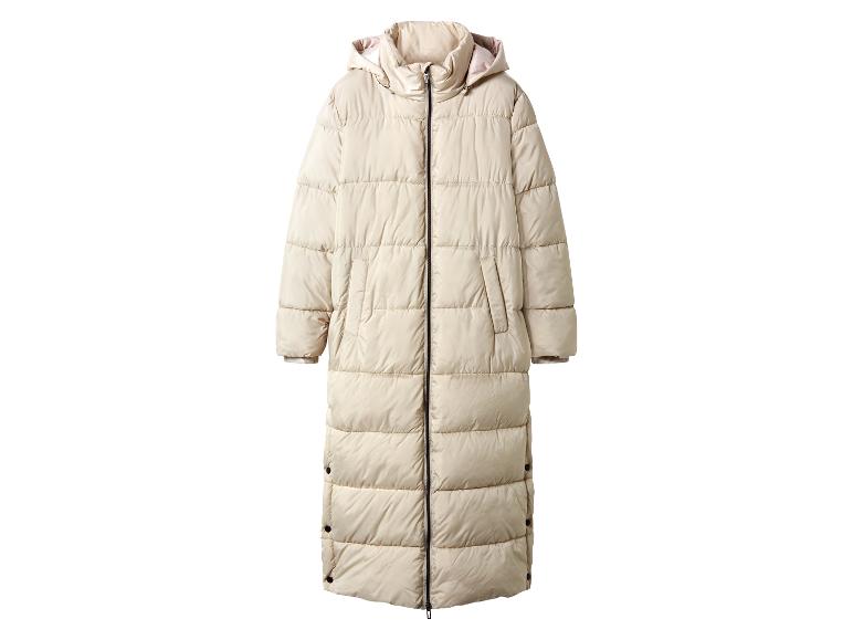 Lange beige gewatteerde jas met capuchon en zwarte rits