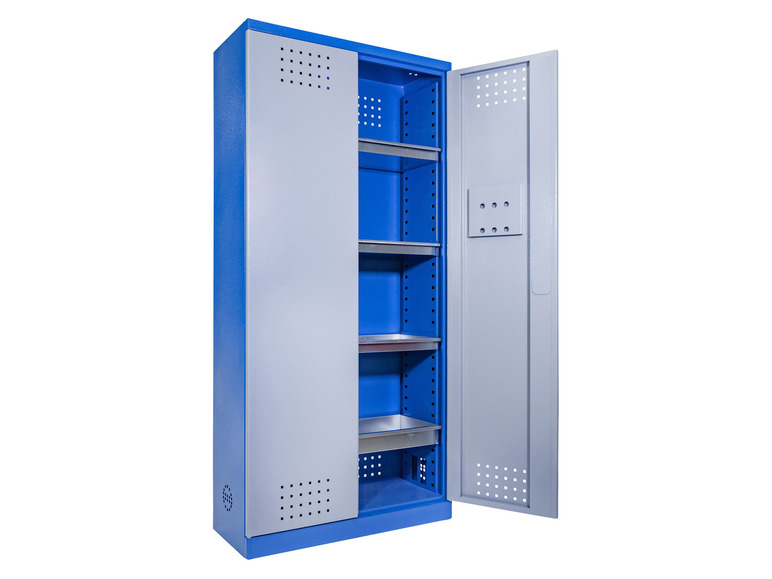Een blauwe metalen kast met meerdere planken.