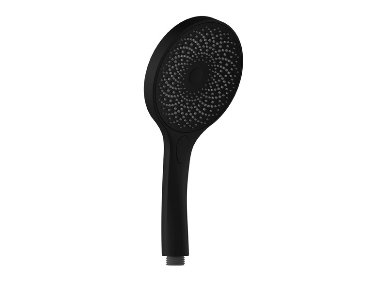 Une pomme de douche noire avec un arrosage rond.