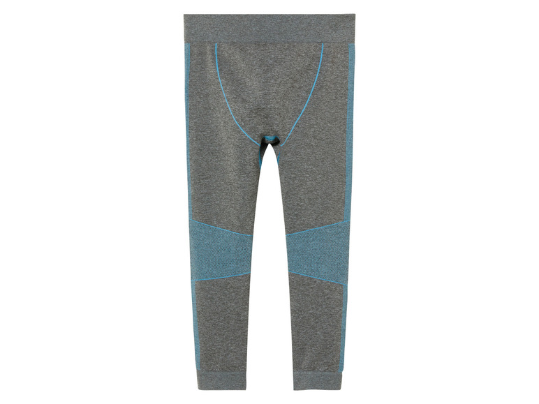 Leggings de sport gris avec des accents bleus.