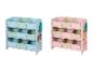 Deux unités de rangement pour enfants avec bacs colorés, une bleue avec animaux de la ferme, une rose avec animaux de la forêt.
