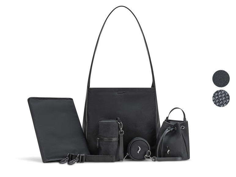 Een set van zwarte tassen, waaronder een schoudertas, een mini-tas en een cosmetica-tas van Jos&amp;amp;Born.