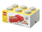Lego opbergbak met zes knoppen, inclusief twee rode Lego bakstenen.