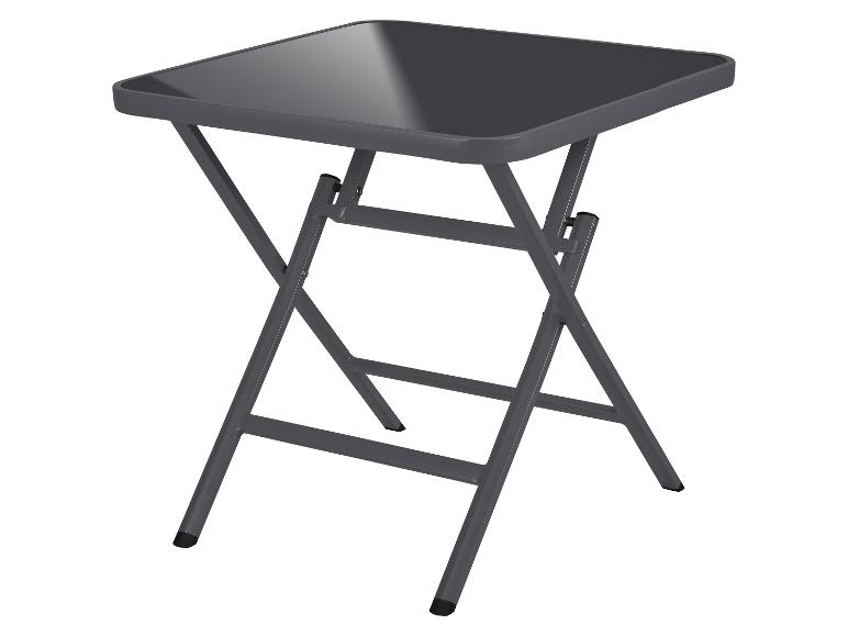 Grijze vierkante klaptafel met glazen blad, ideaal voor kleine ruimtes.