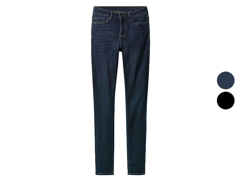 Jean skinny bleu foncé pour femme avec deux options de couleur.