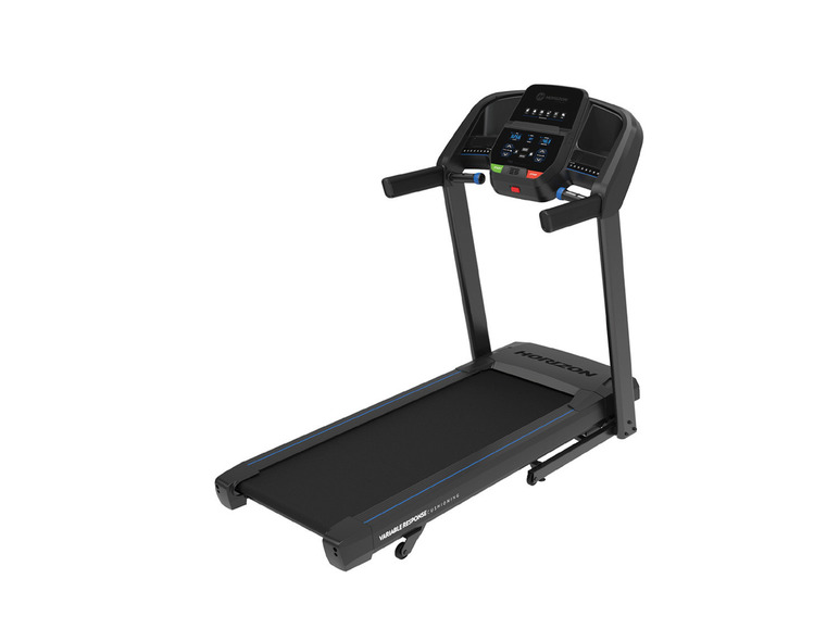 Een zwarte loopband van Horizon Fitness met een variabel responssysteem.
