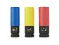 Jeu de trois douilles à chocs OWIM CR-MO de tailles 17, 19 et 21 mm, codées par couleur bleu, jaune et rouge.