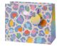 Sac cadeau avec imprimé léopard coloré et poignée en ruban lilas.