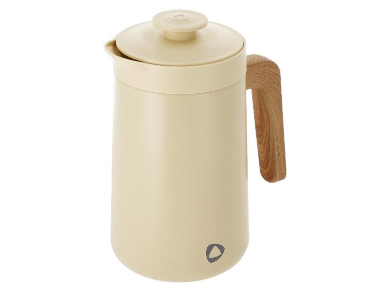 Bouteille isotherme crème avec poignée en bois et couvercle.