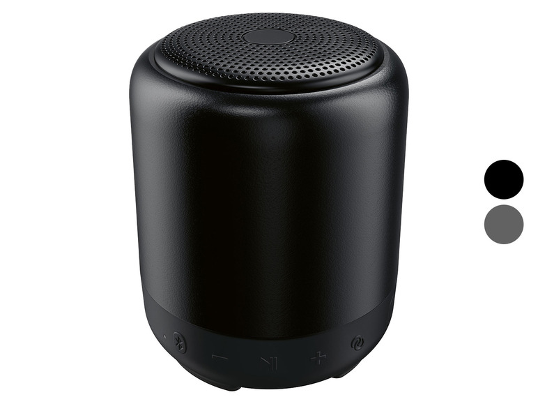 Een zwarte draagbare Bluetooth-luidspreker.