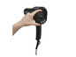 Een zwarte haardroger met een hand die de ventilator afdekt.