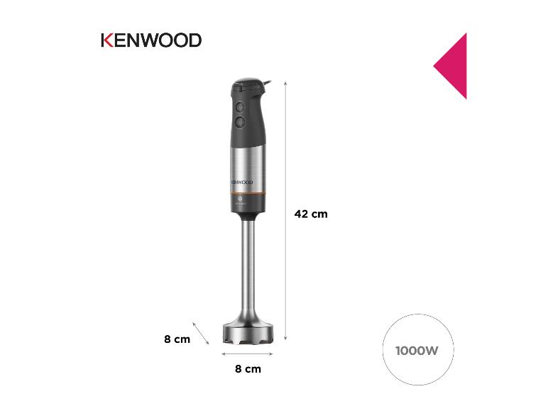 Staafmixer met 1000W vermogen, 42 cm hoog en 8 cm breed.