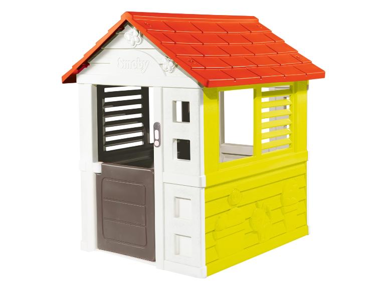 Een wit en geel speelhuis met een rood dak van Smoby.
