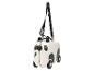 Witte panda kinderkoffer met wielen en een zwarte schouderband.
