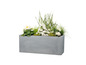 Un pot gris avec des fleurs blanches et de la verdure.