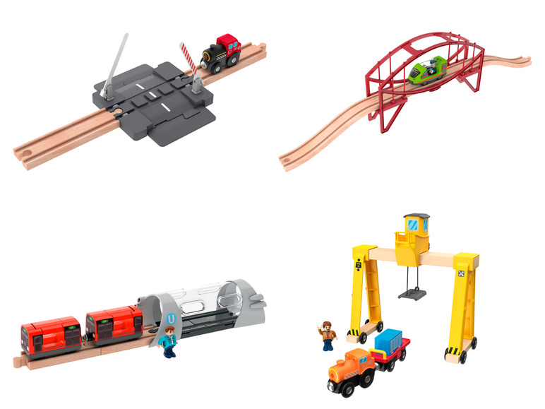 Een houten treinspoor met een brug, een tunnel, een trein en een kraan.