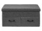 Banc de rangement gris avec deux tiroirs et poignées noires.