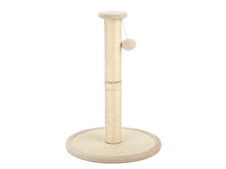 Arbre à chat avec corde en sisal et balle en peluche, de couleur beige.