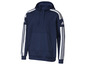 Un sweat à capuche Adidas bleu marine avec des rayures blanches sur les manches.