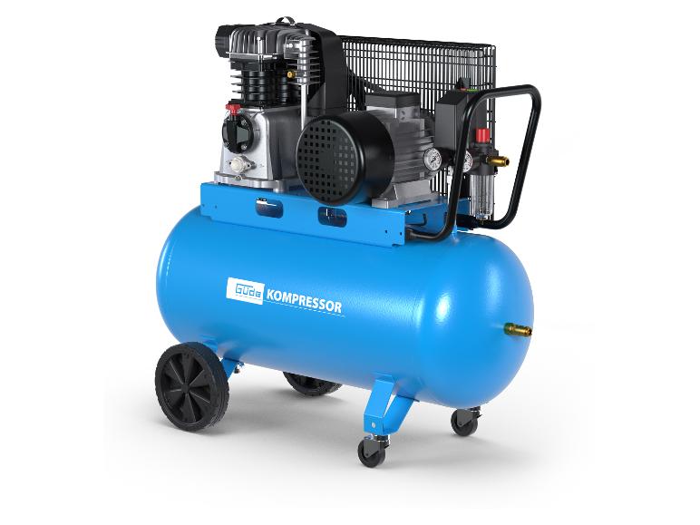 Blauwe Güde compressor op wielen.