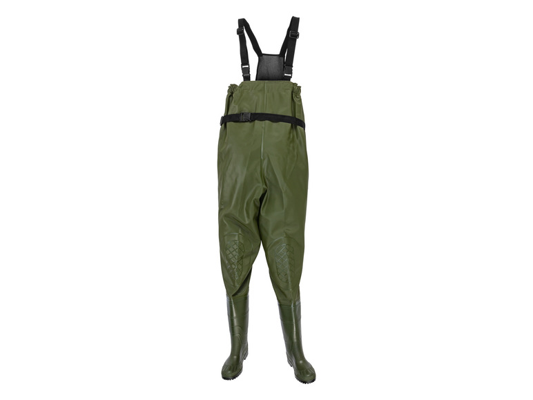 Pantalon imperméable vert avec bretelles et bottes
