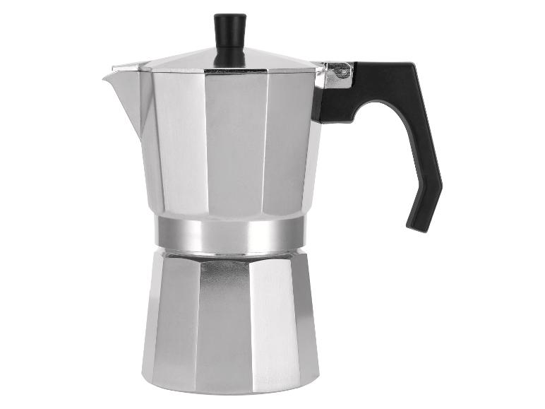 Cafetière moka argentée avec poignée et bouton noirs
