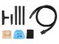 Stofzuigeraccessoires: slang, buizen, mondstukken, papieren zakken, stoffen zak en schuimfilter.