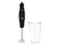 Mixeur plongeant noir avec un gobelet doseur transparent.