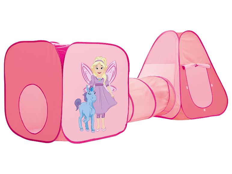 Roze speeltonnel en tent voor kinderen, met feeën en eenhoorns design.