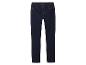 Donkerblauwe skinny jeans met elastische taille en contrasterende stiksels.
