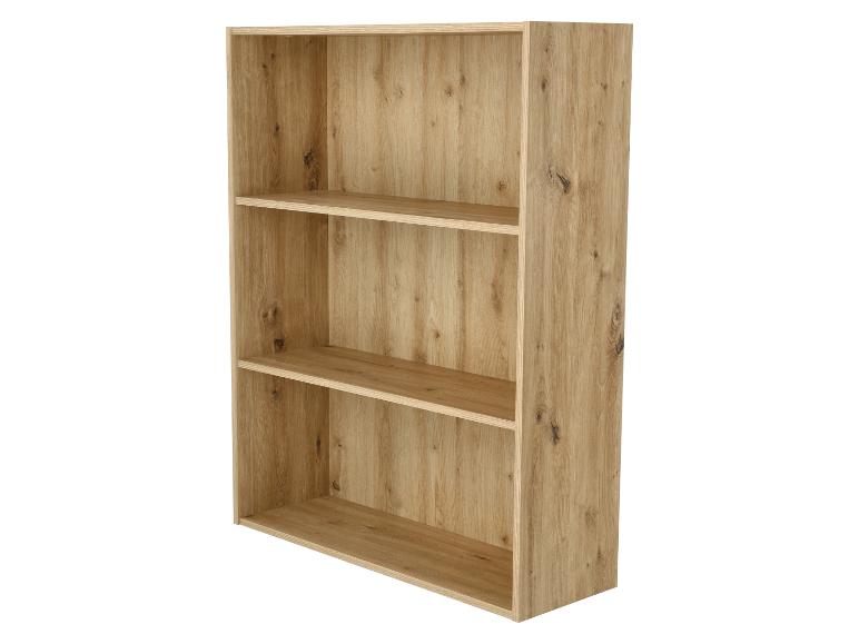 Houten boekenkast met drie open vakken, in een lichte eikenhouten afwerking.