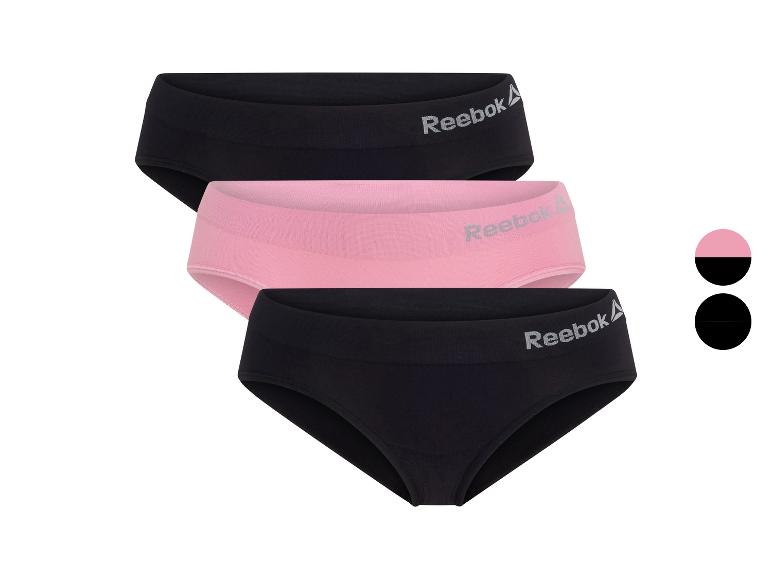Trois culottes Reebok pour femmes : deux noires et une rose.