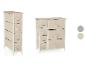 Twee beige stoffen ladekasten met metalen frame en houten blad.