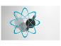 Abstracte afbeelding met blauwe banen en zwarte, grijze vormen die op atomen lijken.