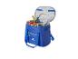 Sac isotherme bleu rempli de fruits, d'une bouteille d'eau et de boîtes alimentaires, avec couvercle ouvert.