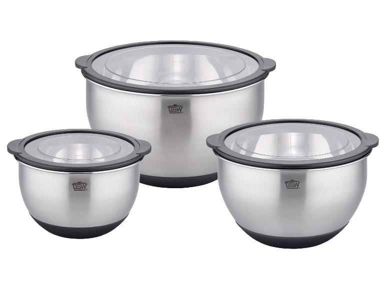 Trois bols en acier inoxydable GSW avec couvercles.