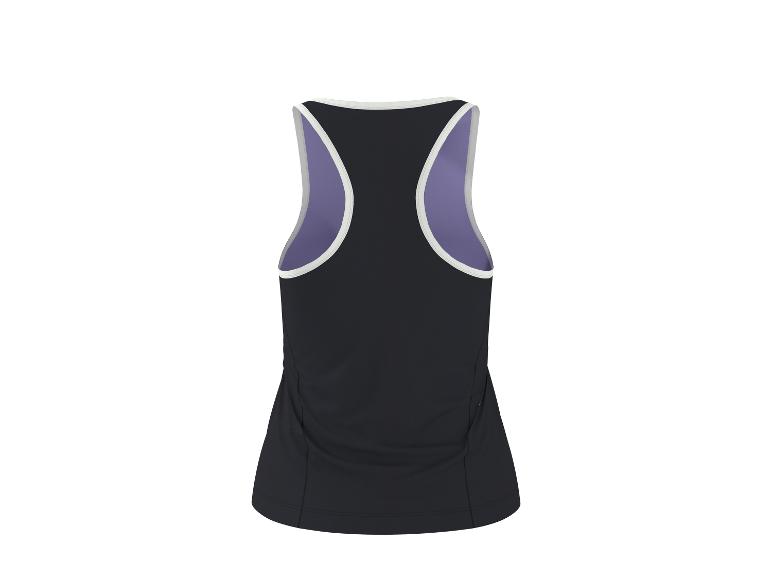 Zwarte dames sporttop met paarse inzetstukken, achteraanzicht.