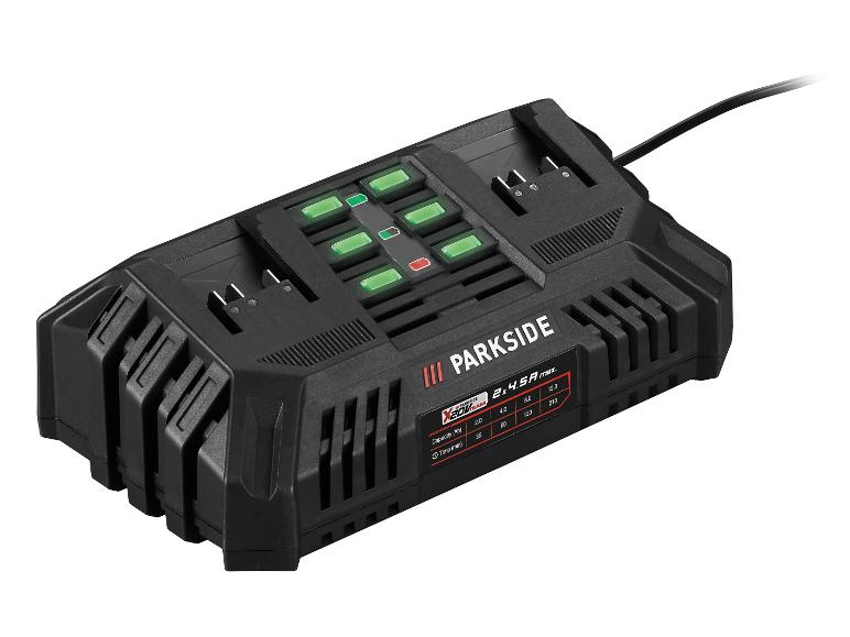 Chargeur de batterie double avec indicateurs LED et tableau des temps de charge.