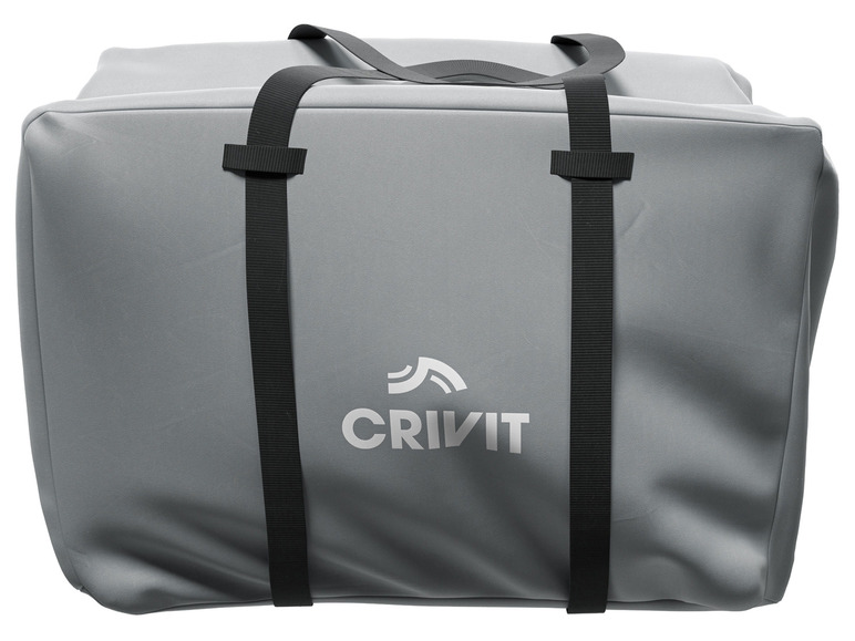 Un sac de sport gris avec des poignées noires de Crivit.