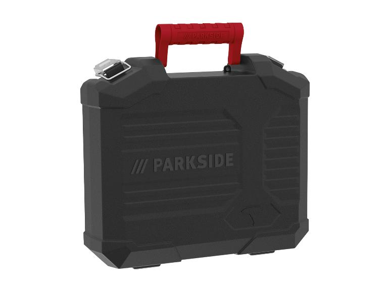 Zwarte Parkside gereedschapskoffer met een rood handvat.