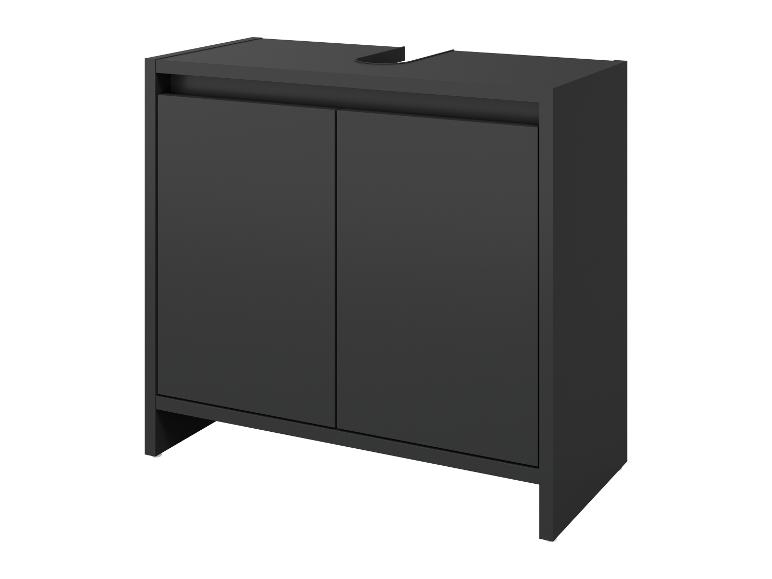Zwart badkamermeubel onder wastafel met twee deuren en sifonuitsparing.
