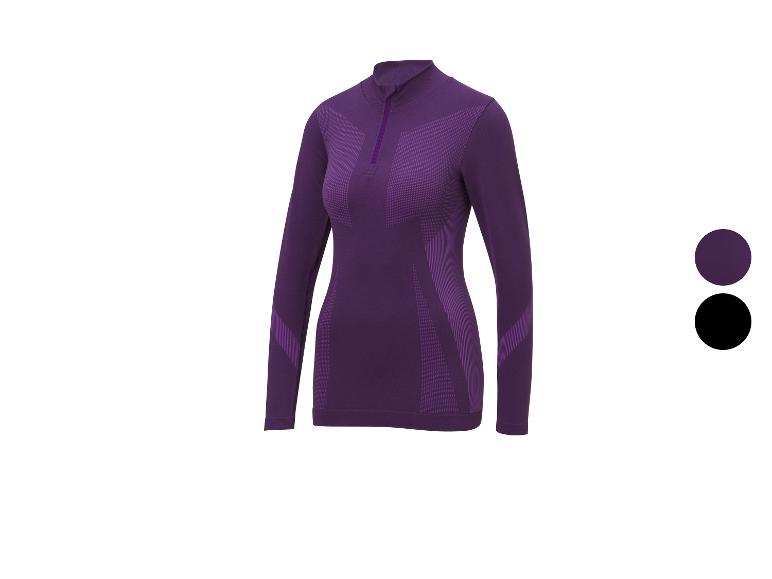 Paarse sporttop met lange mouwen, korte rits en getextureerde details.