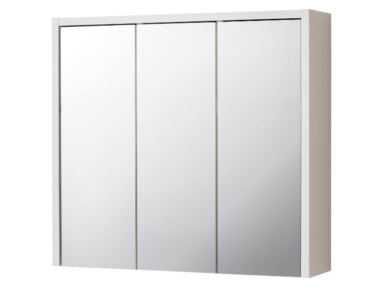 Armoire de salle de bain blanche avec trois portes miroir, vue de face.