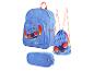 Sac à dos bleu, sac à cordon et trousse avec personnage de dessin animé portant des lunettes de soleil et le texte « CAREFREE ».