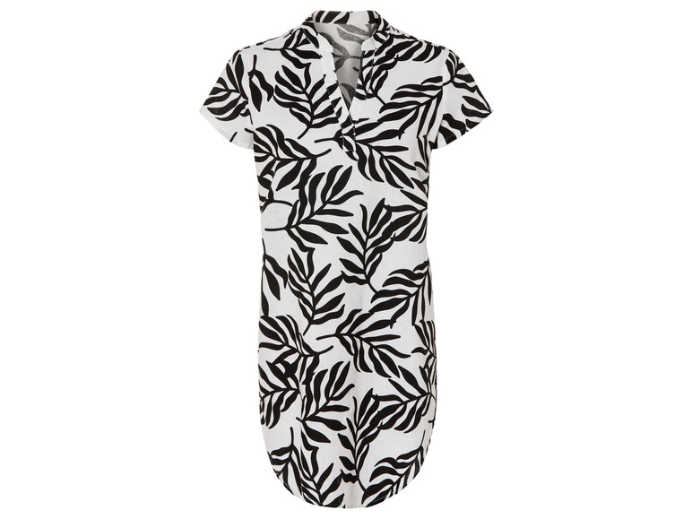 Une robe blanche avec un imprimé de feuilles noires.