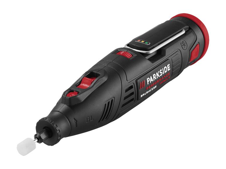 Parkside Performance borstelloos roterend gereedschap met batterij-indicator en accessoires.