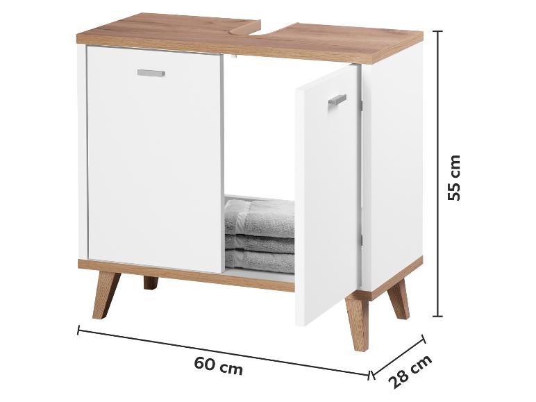 Meuble bas de salle de bain blanc et bois avec deux portes et des serviettes empilées.