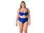 Donkerblauwe, tweedelige badpak: bandeau top en hoge taille broekje.