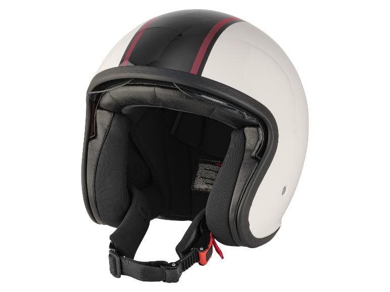 Casque de moto blanc avec une bande noire et rouge