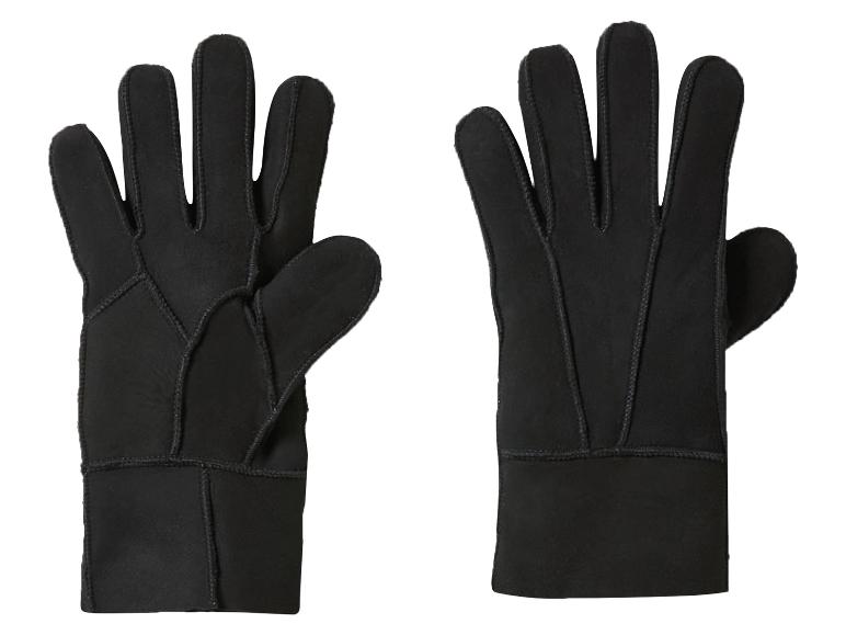 Une paire de gants noirs avec des coutures visibles, l'un paume vers le haut et l'autre paume vers le bas.